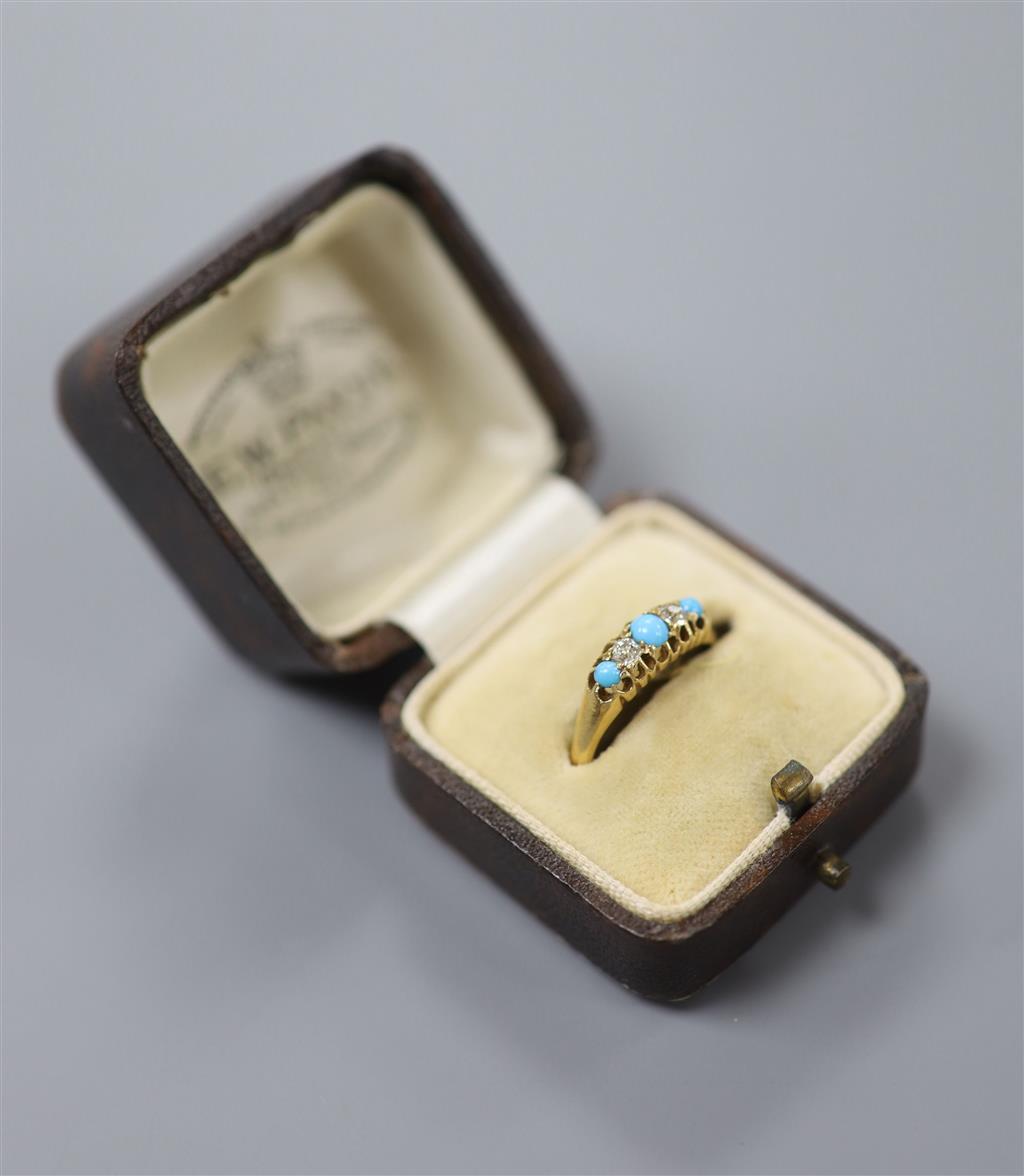 A late Victorian 18ct gold, turquoise and diamond set five stone half hoop ring, size L, gross 2.9 grams.
